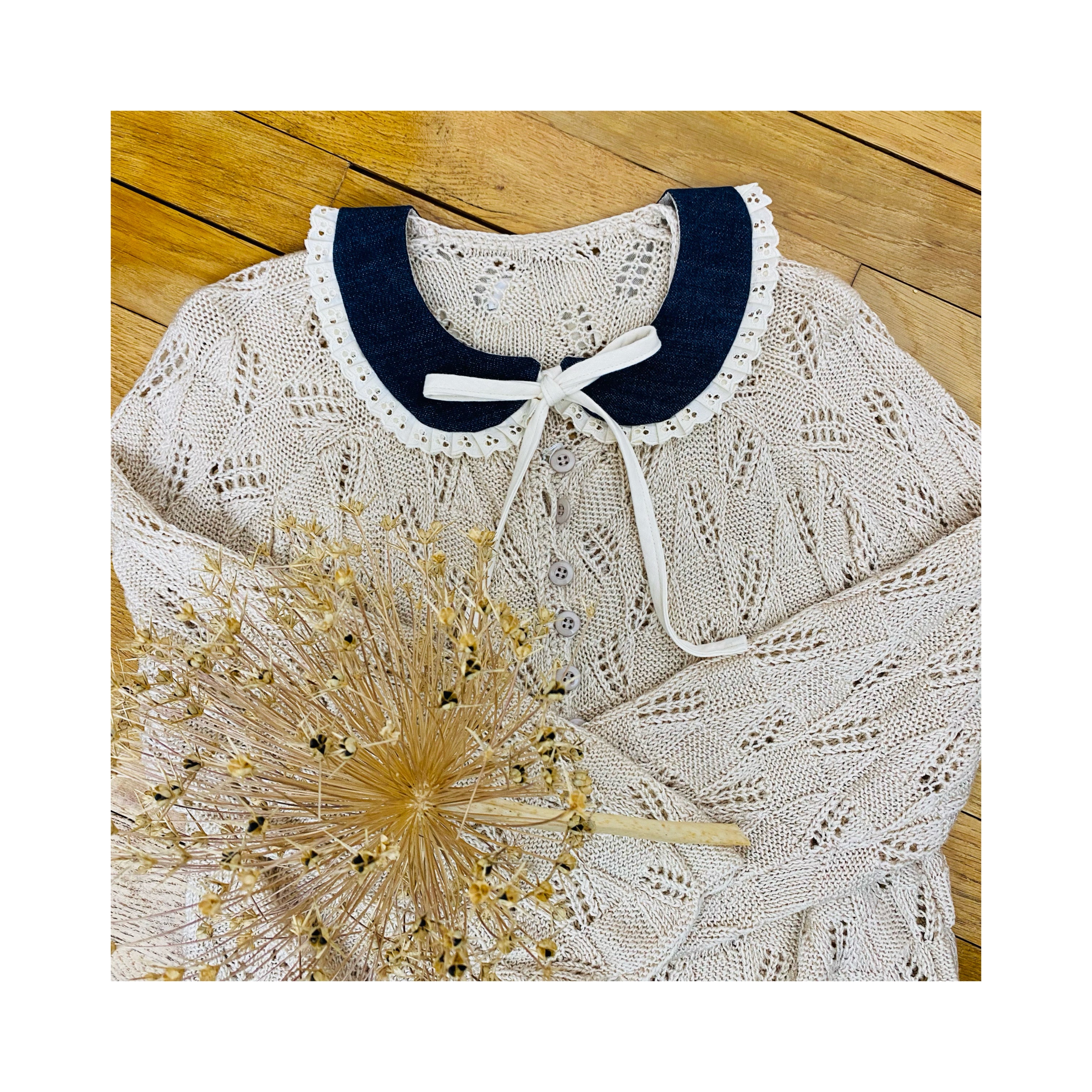 Col Claudine en jeans et plissé de broderie anglaise